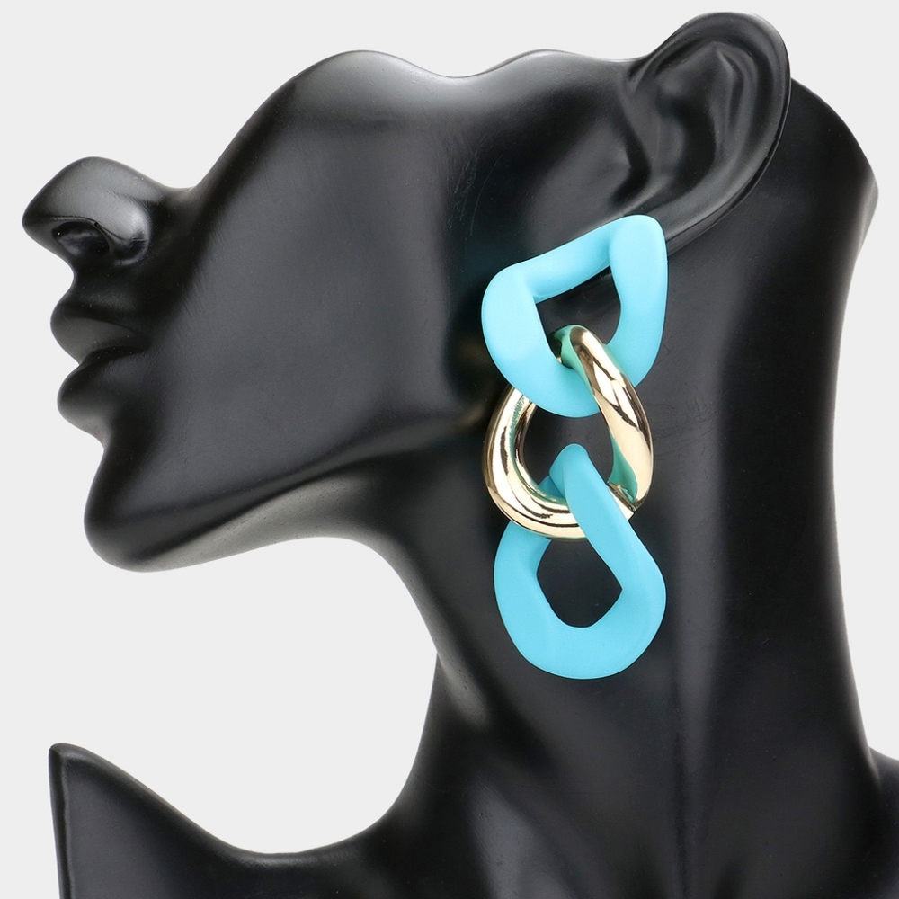 Light Blue Chain Link Dangle Earrings 3.25 Inch Cute Drop Gold Fashion Jewelry